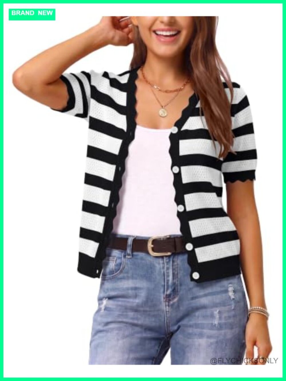 Women's Short Sleeve Striped Knit Cardigan V-Neck Scalloped Cropped Button Down